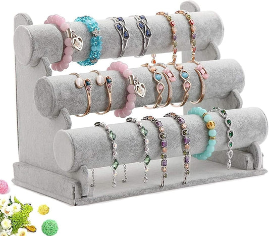 Wudygirl Triple Bracelet Holder Velvet Jewelry Display Stand Watch Bangle Bar Necklace Storage Organizer Gray (Ice Velvet 3 Tier)