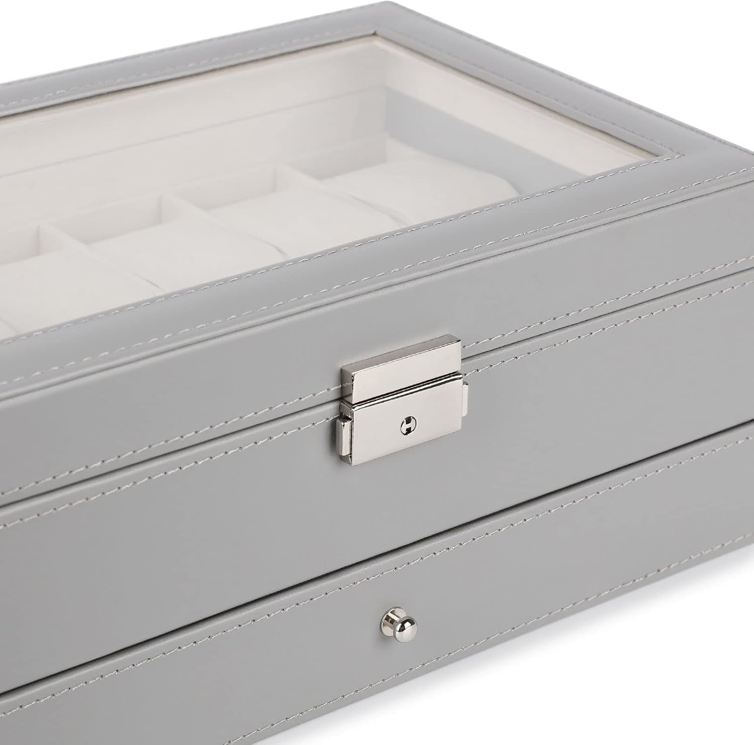 Watch Box 12 Slots, PU Leather Jewelry Box with Acrylic Top, Gray Display Case Organizer for Men and Women