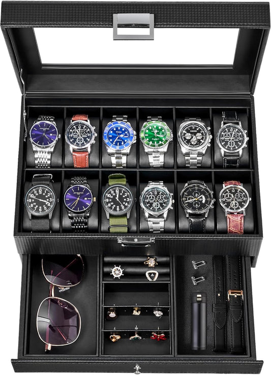12-Slot Watch Box, Watch Case for Men 2-Layer, Watch Display Organizer Mens Jewelry Box Men’S Watch Cases, Glass Top, Watch Hoder, Gift Idea, Black Synthetic Leather SSH02C