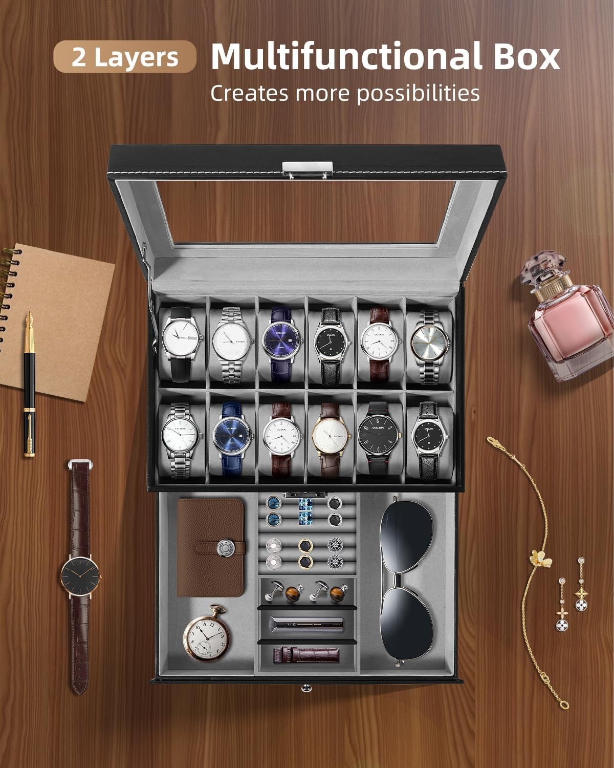 Watch Box, 12 Slots PU Leather Watch Display Case with Jewelry Drawer, Removable Watch Pillow, Metal Clasp, Watch Box Organizer