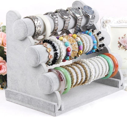 Wudygirl Triple Bracelet Holder Velvet Jewelry Display Stand Watch Bangle Bar Necklace Storage Organizer Gray (Ice Velvet 3 Tier)